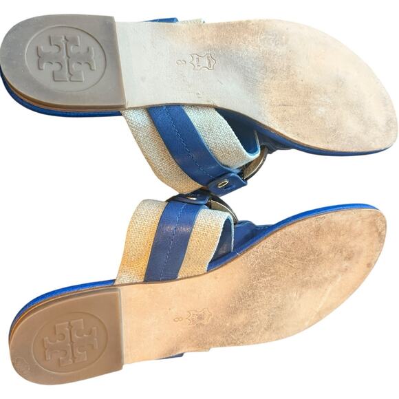 Tory Burch Amanda Leather/Textile Blue/Natural Sandals Women’s Size 8 - Picture 7 of 8